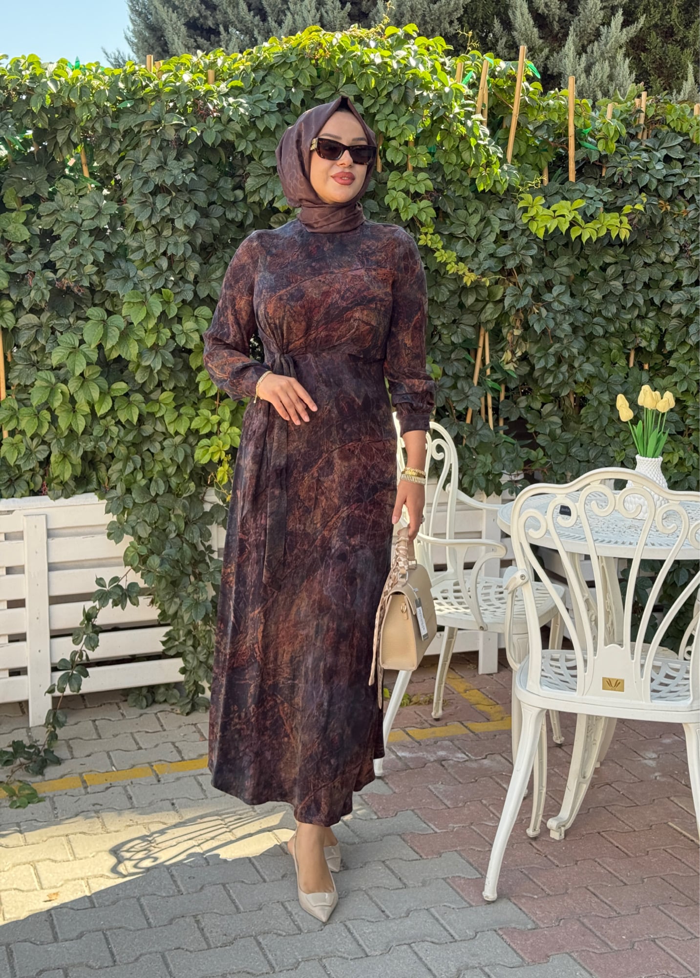 NUSS BASKI DETAYLI İPEK QUPRA ELBİSE